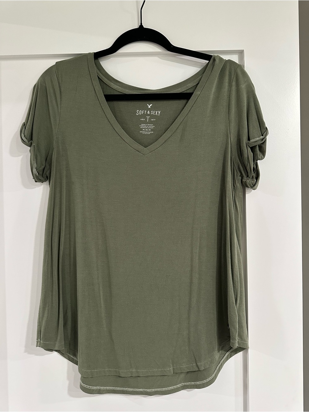 American Eagle Olive V-Neck Short Sleeve Top